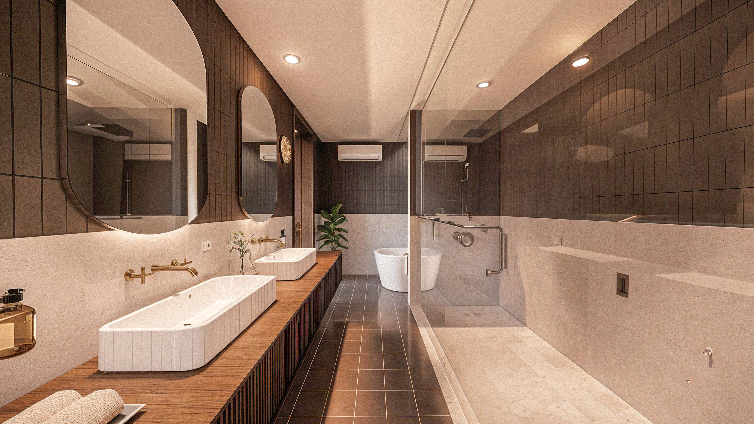 Modern bathroom with dual sinks, large mirrors, a wooden vanity, a plant, and a shower area with glass doors, dark wall tiles, and a built-in bench.
