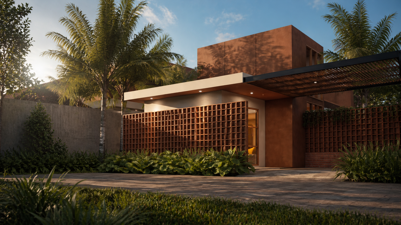 A modern house with a clean design featuring warm earthy tones, surrounded by lush greenery and tall palm trees; the house has angular architecture with a projection extending over the entrance and outdoor lighting.