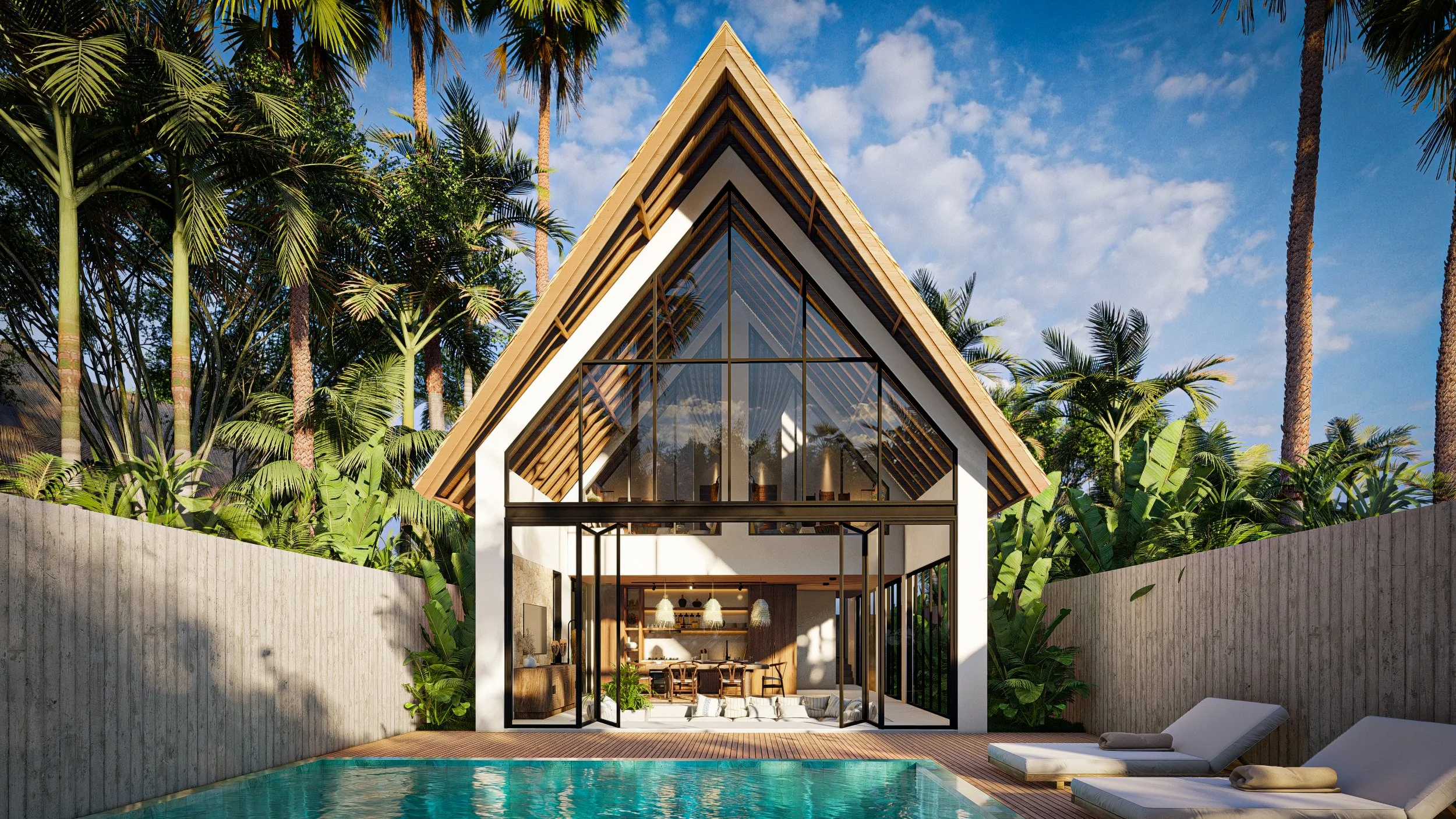 A modern A-frame house with large glass windows, surrounded by tall palm trees and lush greenery, with a swimming pool in the foreground under a blue sky.