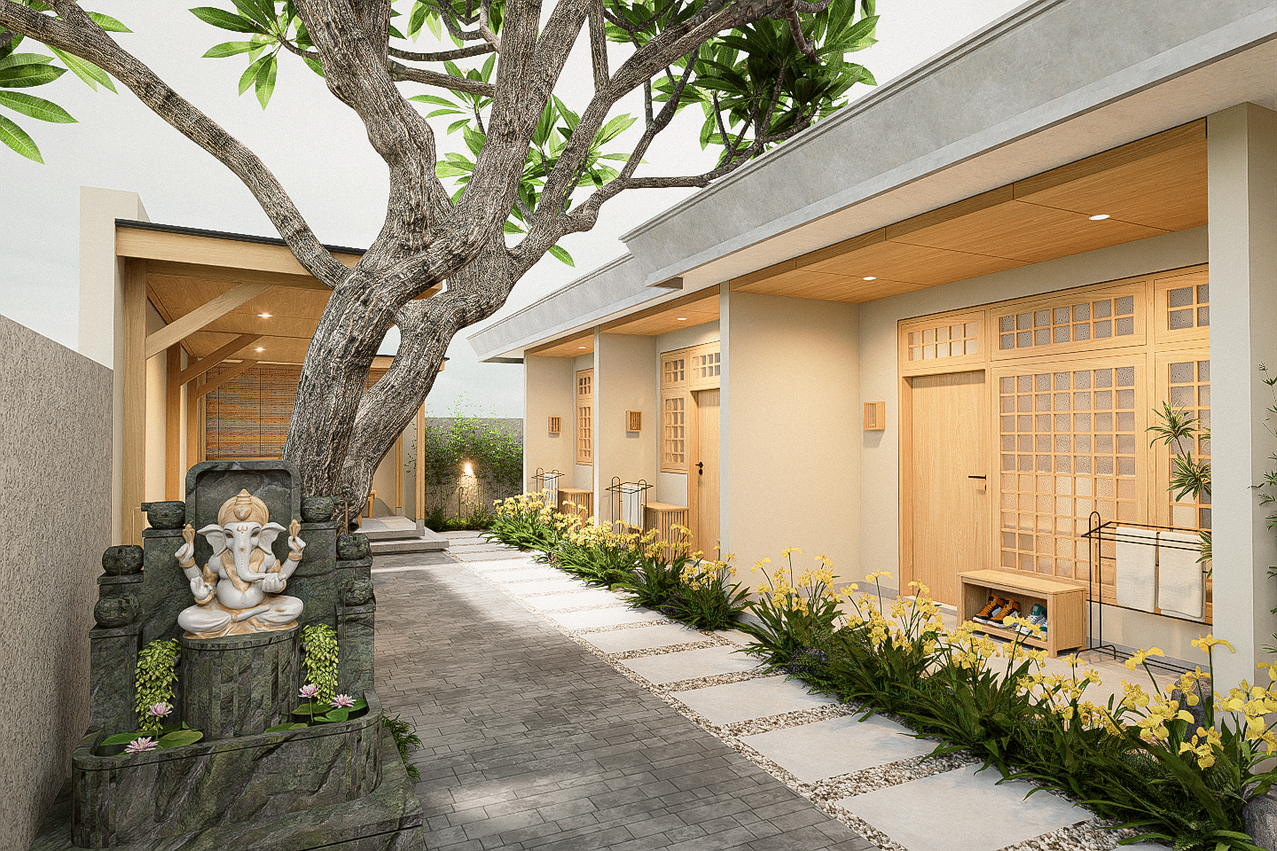 A modern courtyard with a large tree and a Ganesha statue on a stone pedestal. There are pathway stepping stones, yellow flowers, and a contemporary single-story house with wooden doors and windows.