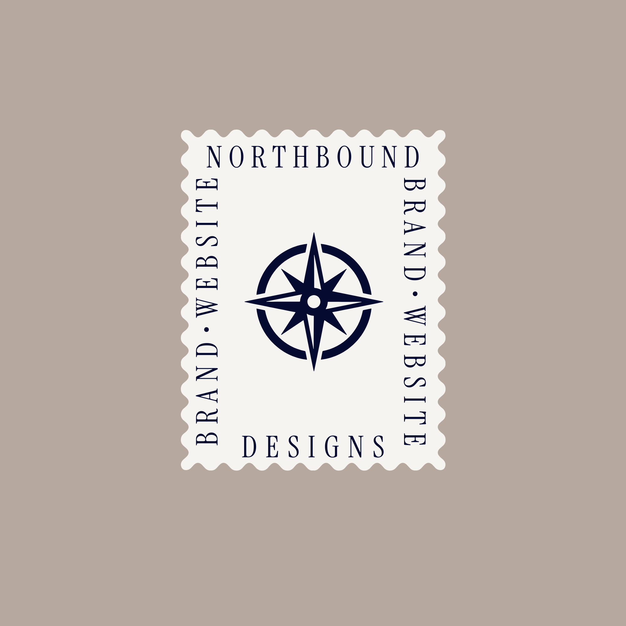 Design of a postage stamp with the text "Northbound" and a compass symbol on a beige background.