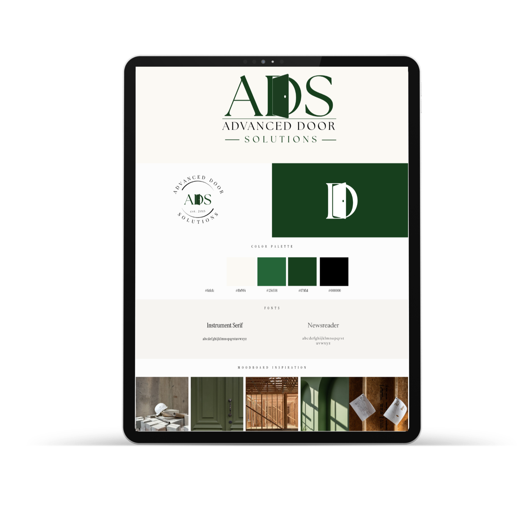 A digital mood board showing colors, fonts, and images related to door design for a contracting company