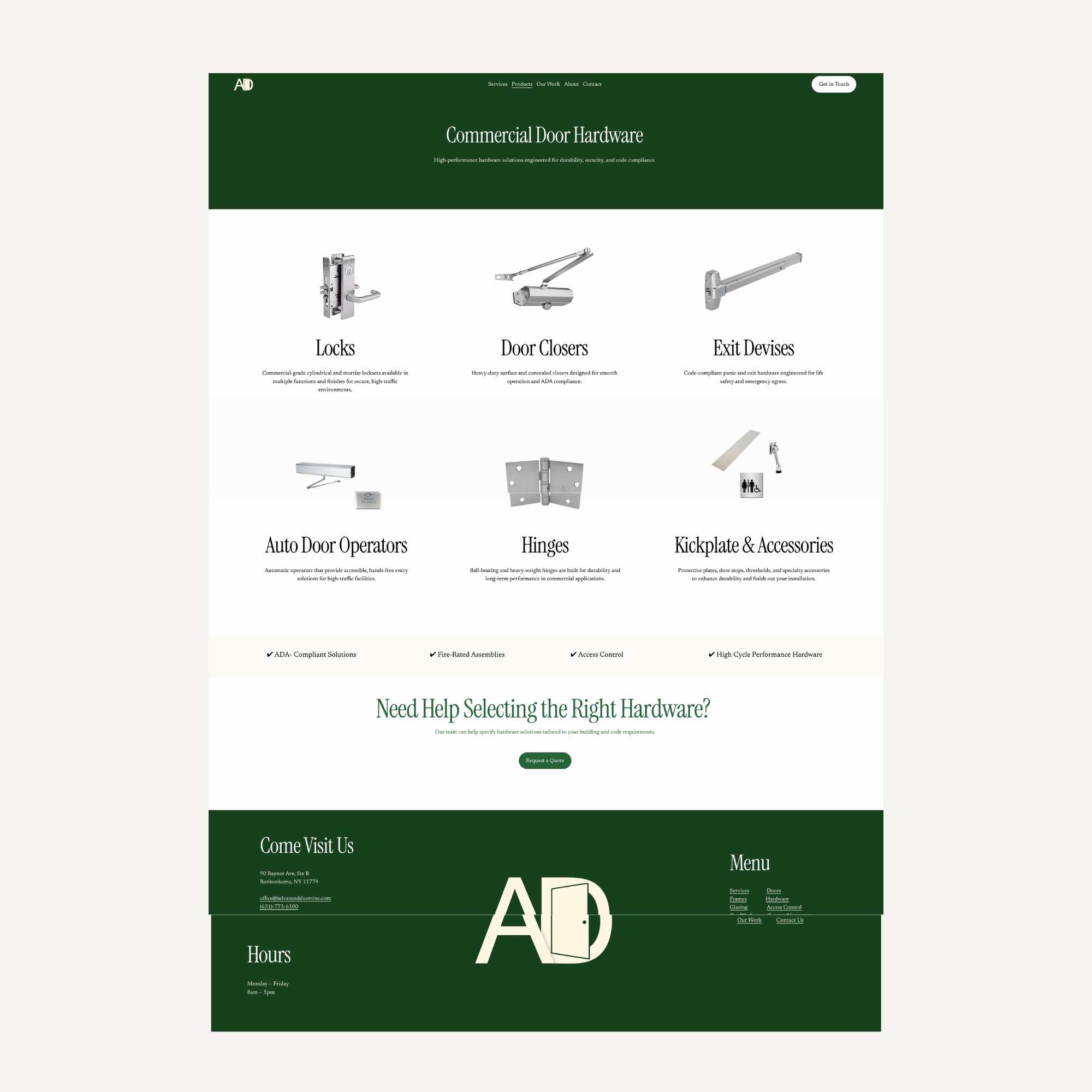 Screenshot of a website for commercial door hardware with a green and white color scheme, featuring sections for locks, door closers, exit devices, auto door operators, hinges, and kickplate accessories.