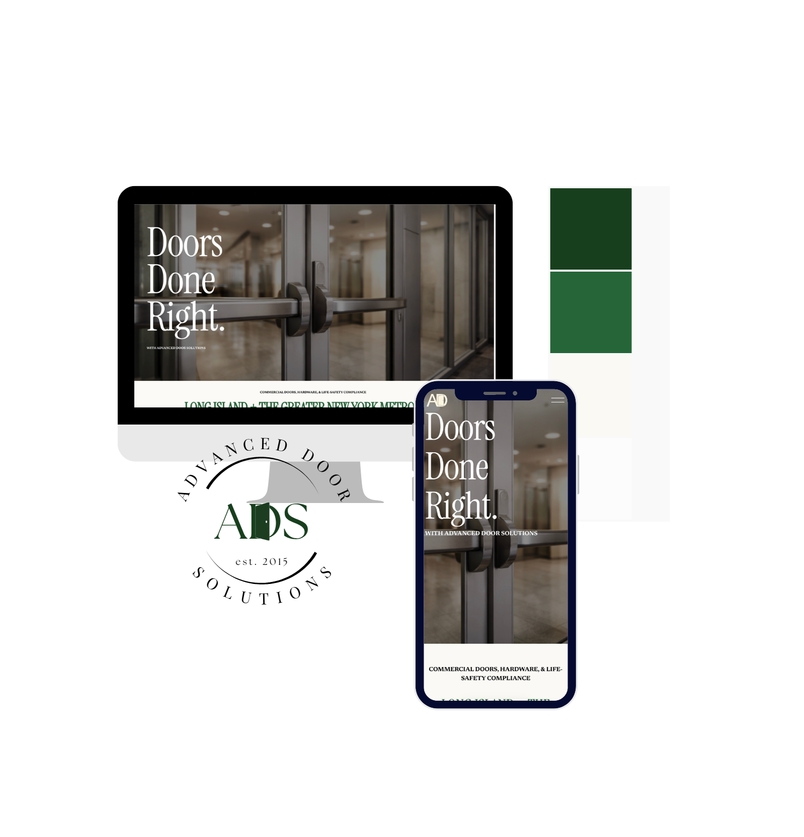 A promotional image for AD Doors featuring a close-up photo of a modern glass door with a black handle, with text overlay saying "Doors Done Right" and "With Advanced Door Solutions," and a smartphone displaying the same image.