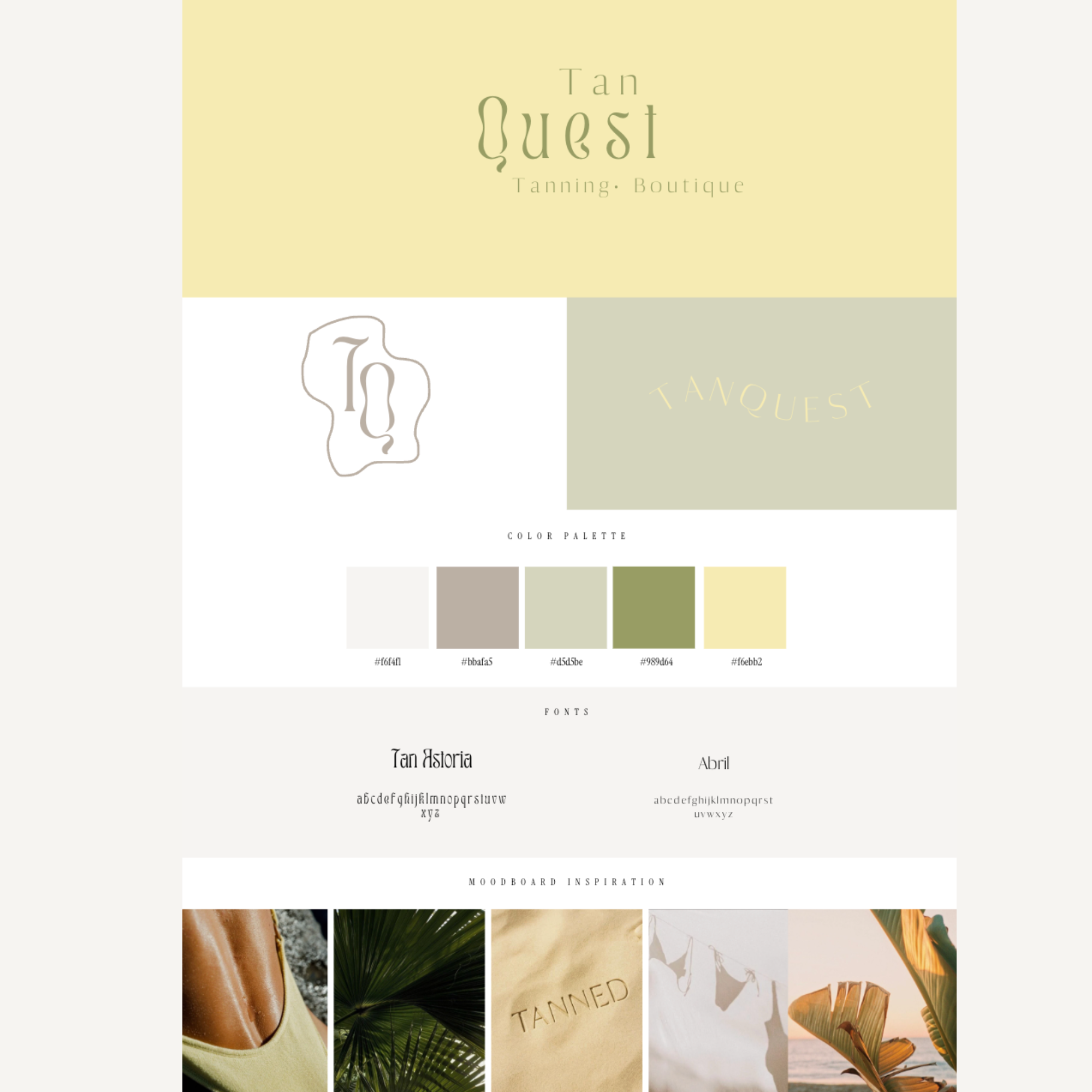 A color palette mood board with shades of green, beige, and tan, featuring the words 'Tan Historia,' 'Tanned,' and various fonts, along with images of tropical leaves, tanning products, and a beach scene.