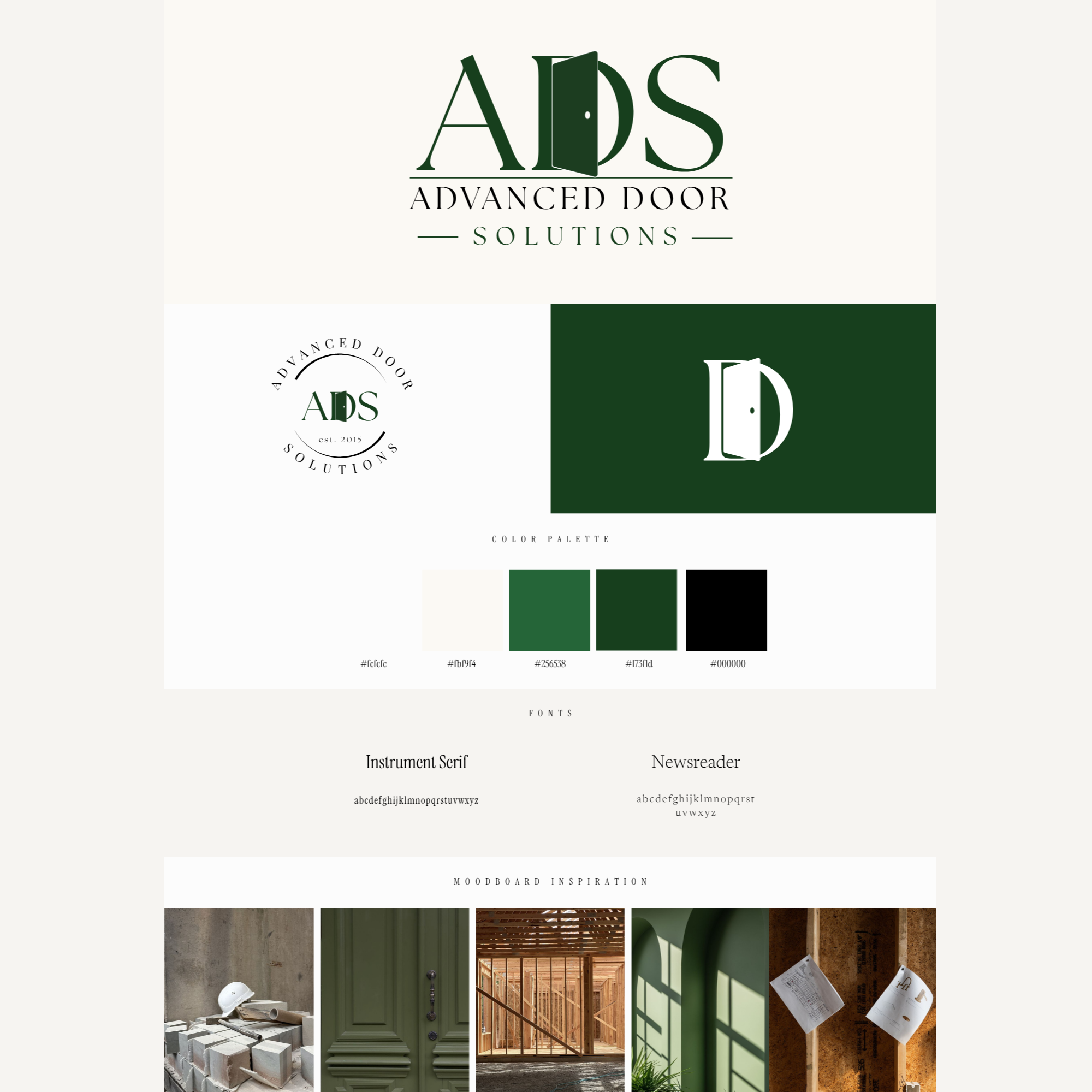 Design mood board illustrating color palette, font samples with 'Instrument Serif' and 'Newsreader', and interior construction images such as brickwork, a green door, framing, and building notes.
