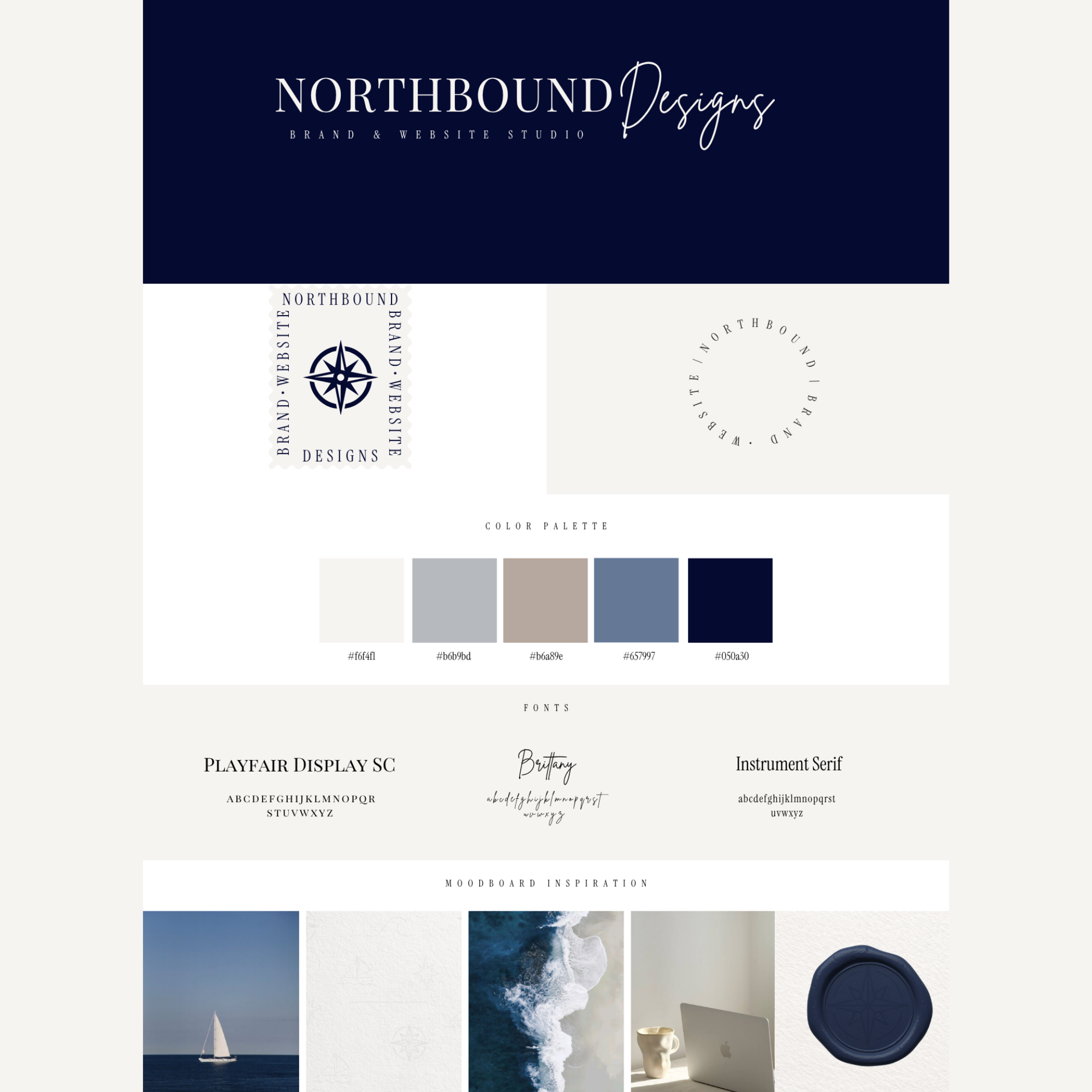 Moodboard inspiration with seaside theme, featuring sailboat, ocean waves, and coastal colors, including shades of blue, gray, beige, and white.