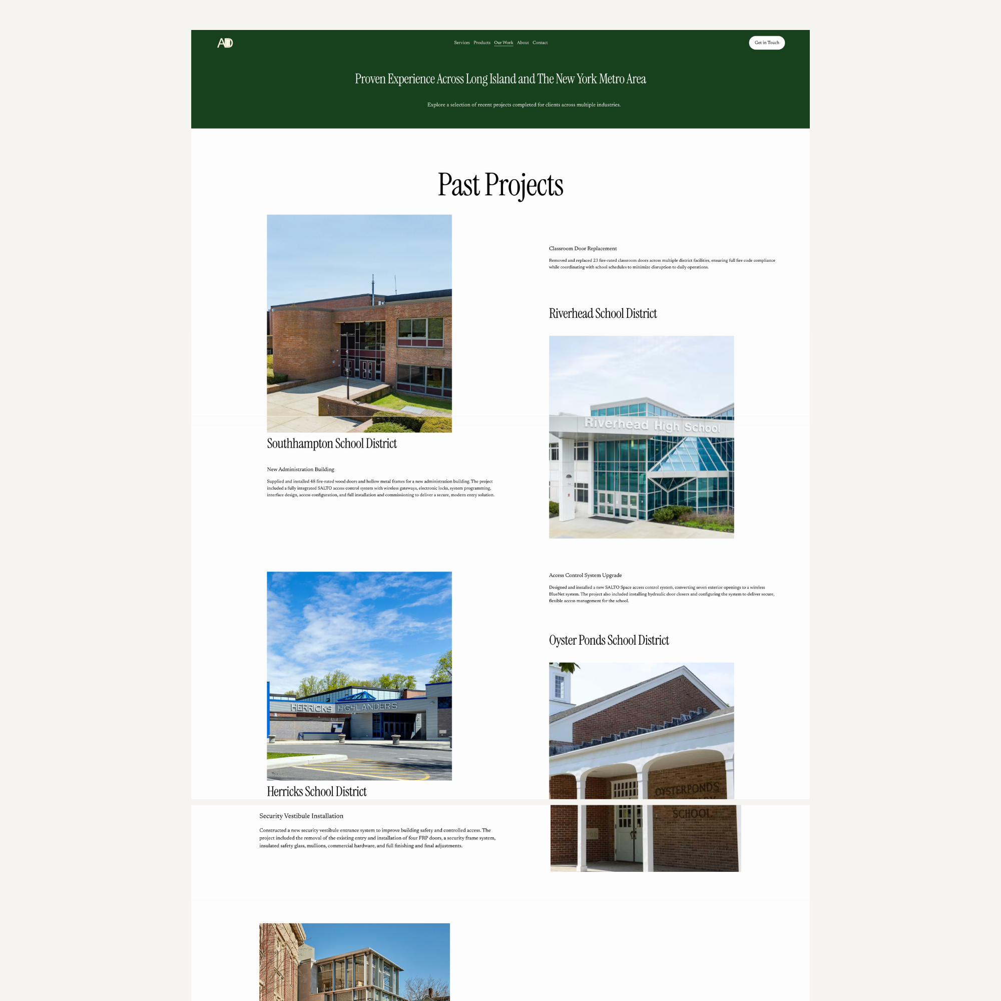 Screenshot of a website showing various recent school district project images with descriptions for each, including schools named Southhampton, Riverhead, Herricks, and Oyster Ponds.