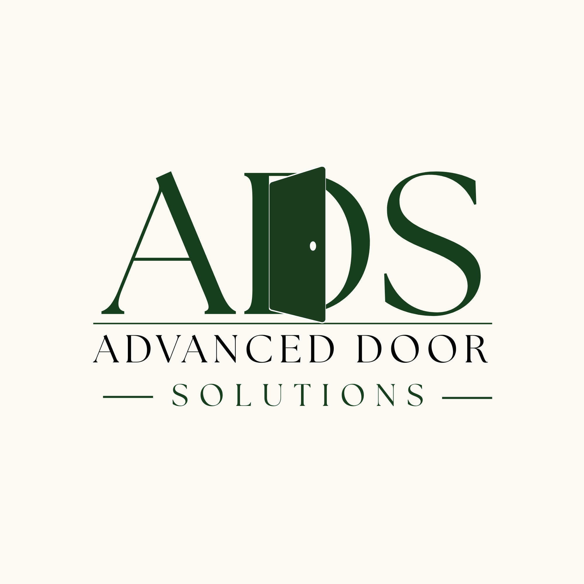 Logo of a company called 'Advanced Door Solutions' with stylized letters and a door icon in dark green.