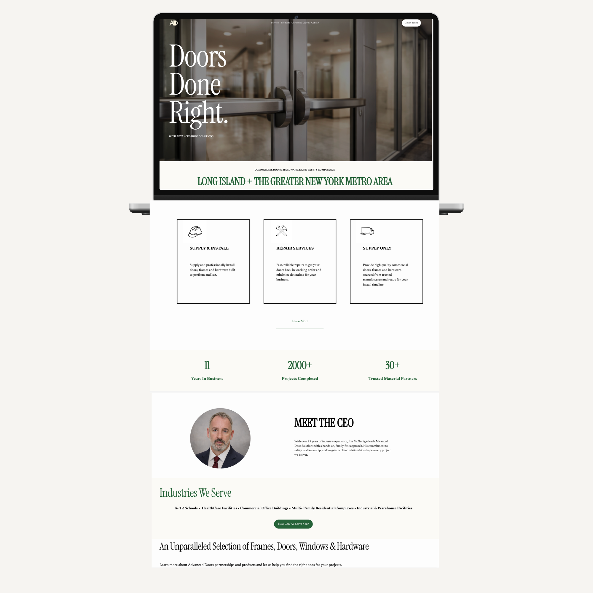 A website homepage for an advanced door solutions company featuring images of glass doors, a photo of the CEO, and sections about industries served, services offered, and contact information.