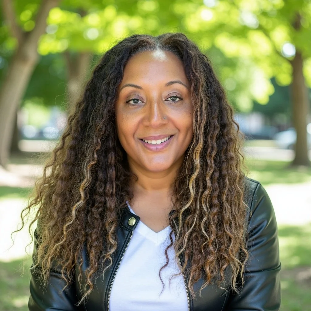 Smiling woman with long curly hair wearing a leather jacket outdoors in a park.
