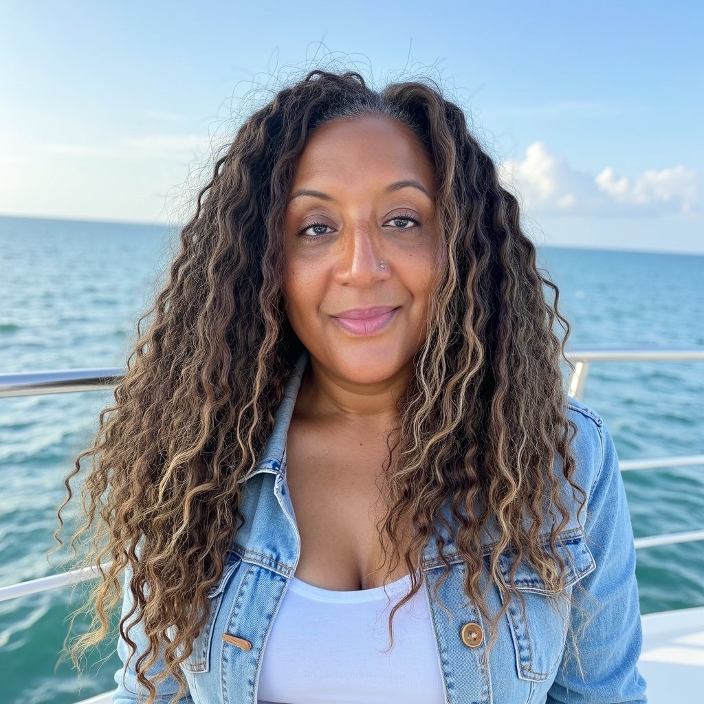 A woman with wavy hair and a nose piercing smiling on a boat with ocean and sky in the background.