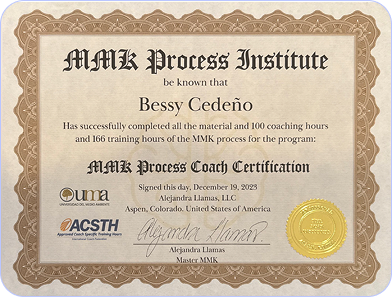 Certificado de capacitación en proceso MMK para Bessy Cedeño con firma y sello gold.