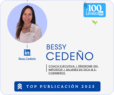 Tarjeta digital de LinkedIn de Bessy Cedeño, coach ejecutiva, con foto de una mujer sonriendo, fondo azul y logo de LinkedIn.