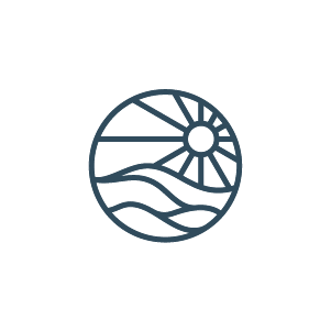 Logo featuring a stylized landscape with mountains, fields, and a rising sun in a circular design.