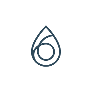 A minimalist logo featuring a stylized droplet shape integrated with the number six.
