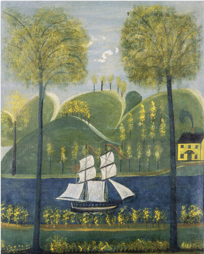 Painting of a ship sailing on a river, with green rolling hills, trees, a yellow house with black roof and chimney, and a partly cloudy sky.