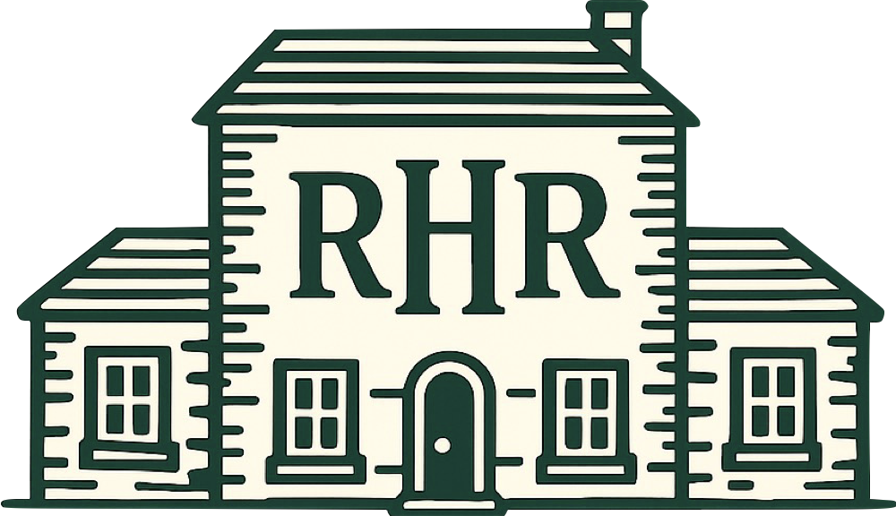 Simple green and white line drawing of a large colonial house with the letters "RHR" on the front, multiple windows, a main door, and a secondary structure attached on the left side.