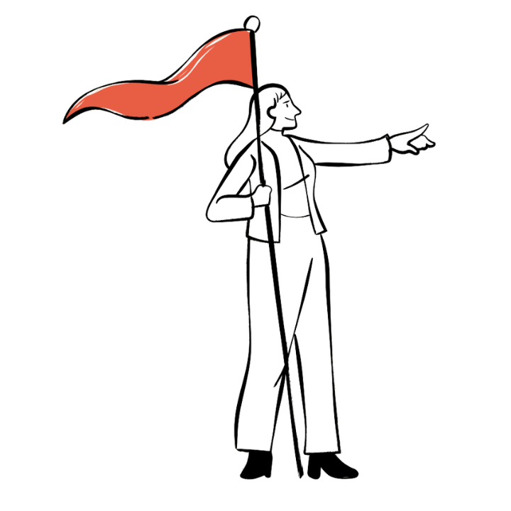 Outline drawing of a person holding a flag and pointing with the other hand, dressed in a suit and heels.