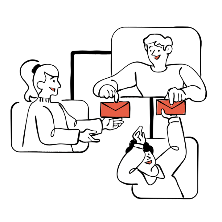 Drawing of two people exchanging envelopes, possibly letters or packages, with a third person observing.