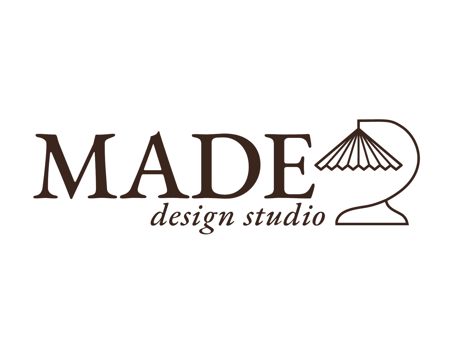 Logo for Made Design Studio with the word 'MADE' in large letters, a small cursive 'design studio' underneath, and a stylized lamp image to the right of the text.