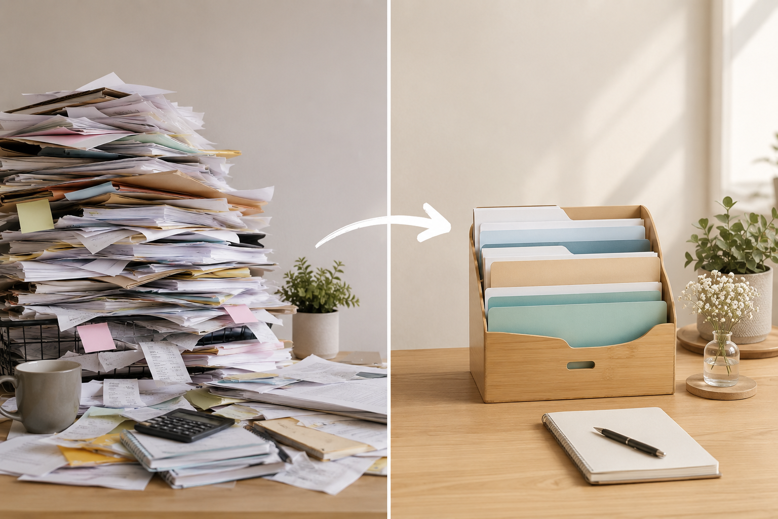 Transition entre un bureau désordonné rempli de papiers et un bureau organisé avec un classeur à dossiers, une note et des plantes décoratives.