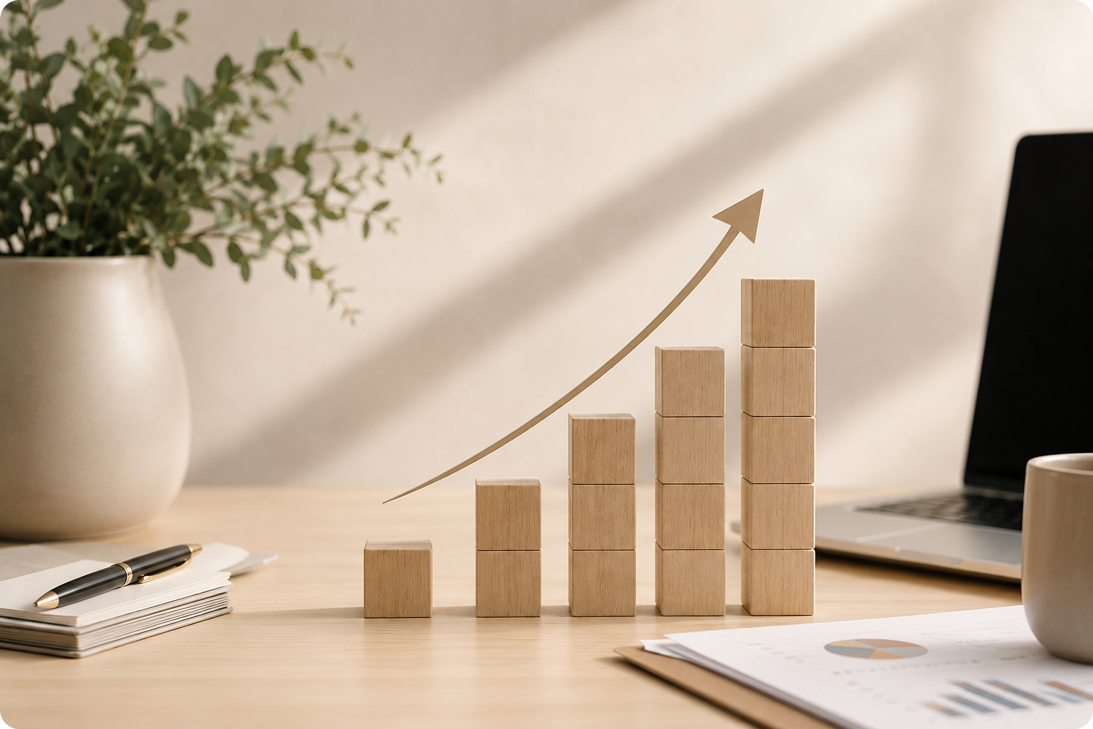 Blocs en bois et flèche illustrant le développement d’une entreprise accompagnée dans sa gestion administrative