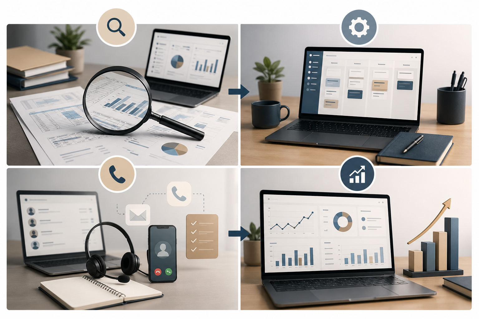 Comparaison entre le travail manuel avec documents papier, la gestion numérique, la communication et le télétravail, et les résultats analytiques avec des graphiques et des statistiques en stockage numérique.
