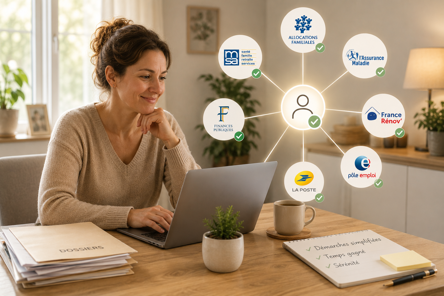 Une femme utilise un ordinateur portable dans une cuisine, entourée d'icônes de services administratifs et financiers, avec une liste de tâches sur une planche à écrire.