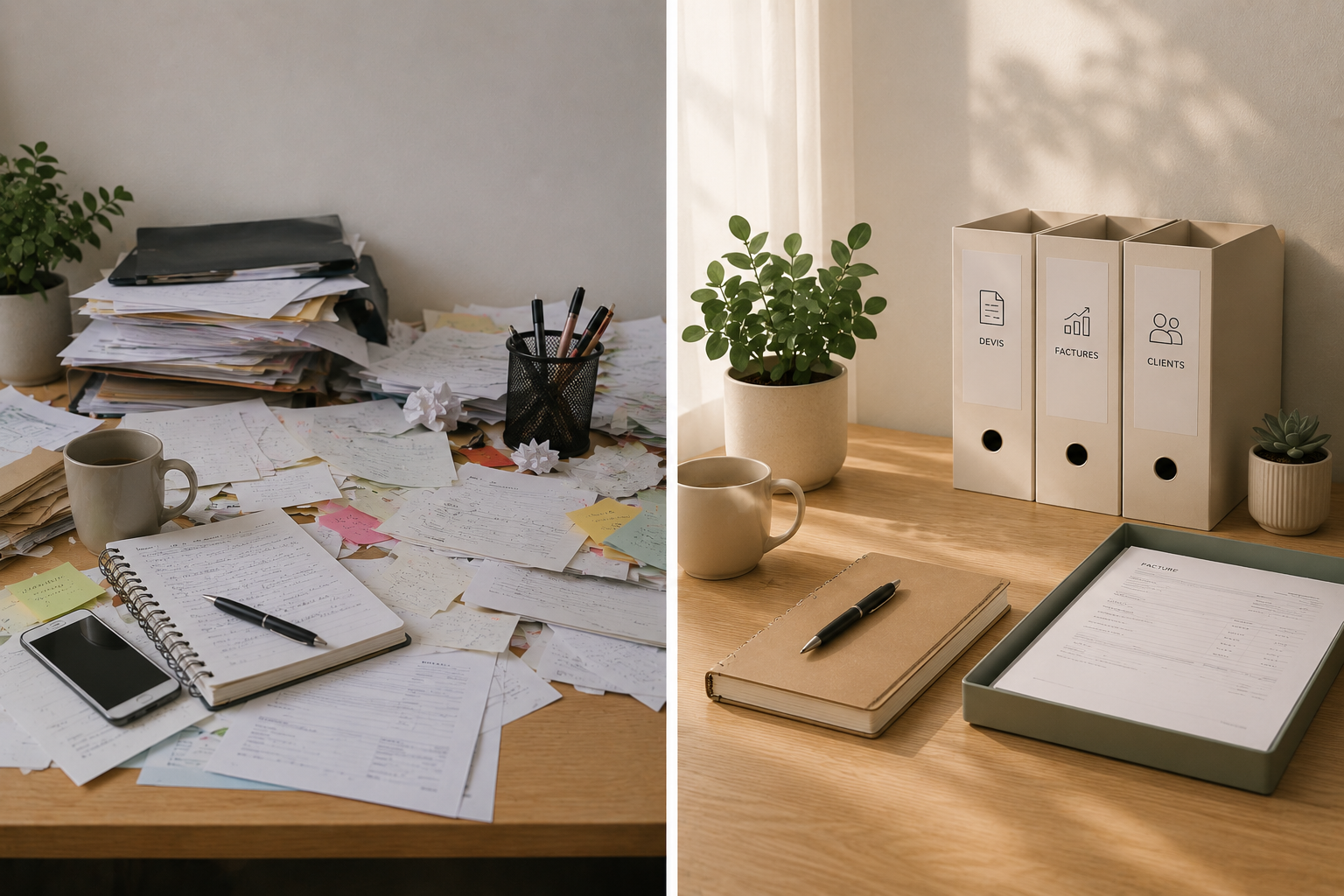 Deux bureaux, l'un encombré de papiers, un mug et un téléphone, l'autre organisé avec des classeurs, des plantes et un carnet.