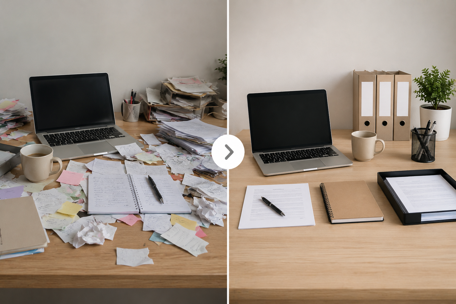 Bureau désordonné avec beaucoup de papiers, carnets, et une tasse de café à gauche, bureau propre avec trieuses, carnet, et plante à droite.