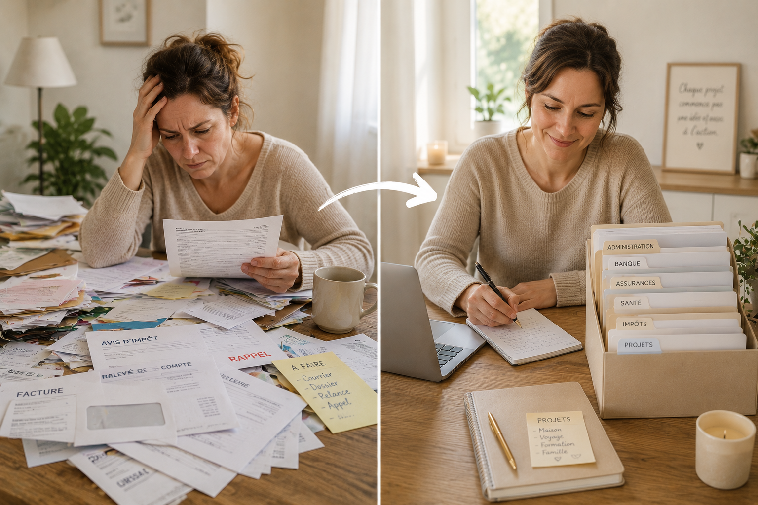 Une femme stressée avec une grande pile de papiers à gauche, puis une femme organisée avec des dossiers et un carnet à droite.