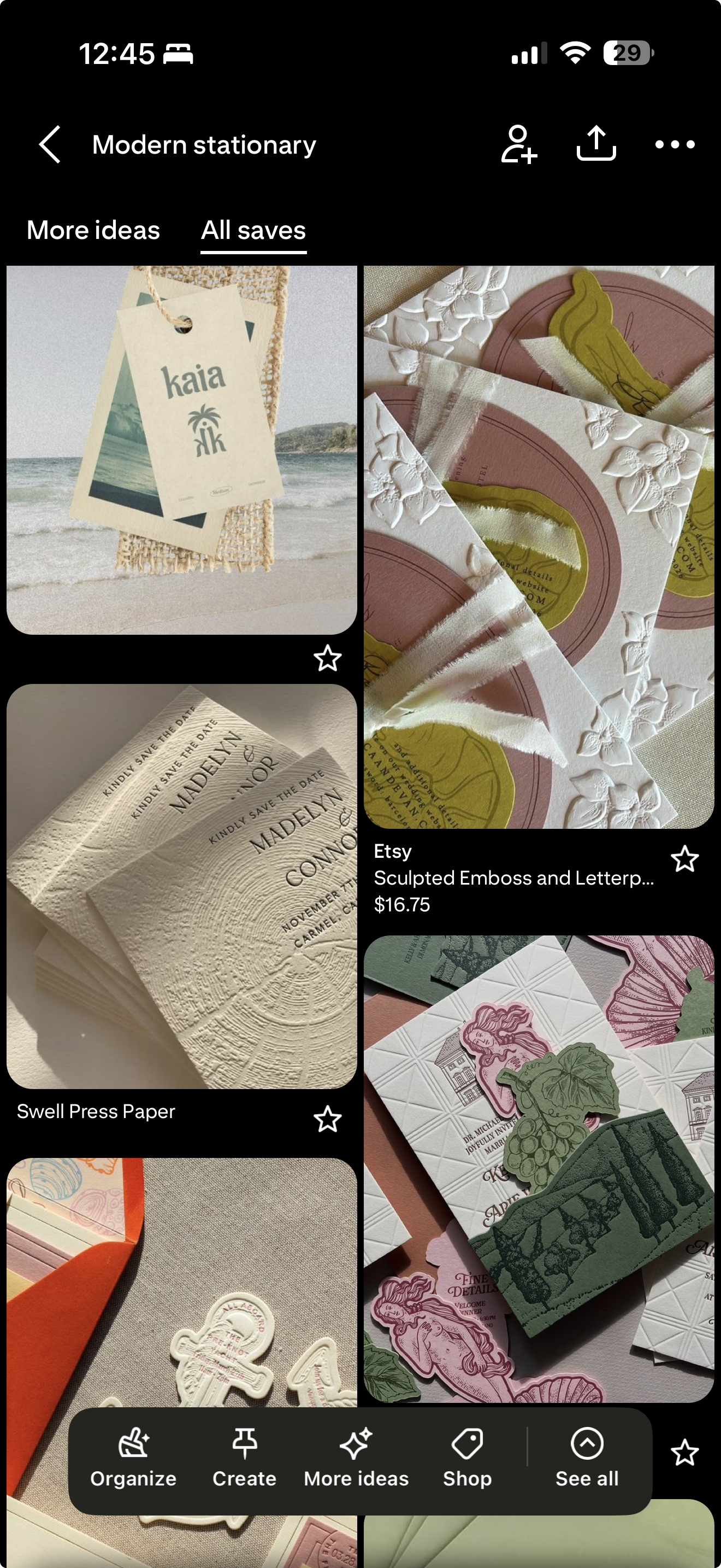 Various stationery items including a beach-themed gift tag with the name 'Kaia', embossed letterpress cards, sculpted embossed and letterpress stationery from Etsy, and decorative paper products featuring illustrations of a woman, grapes, and other designs.