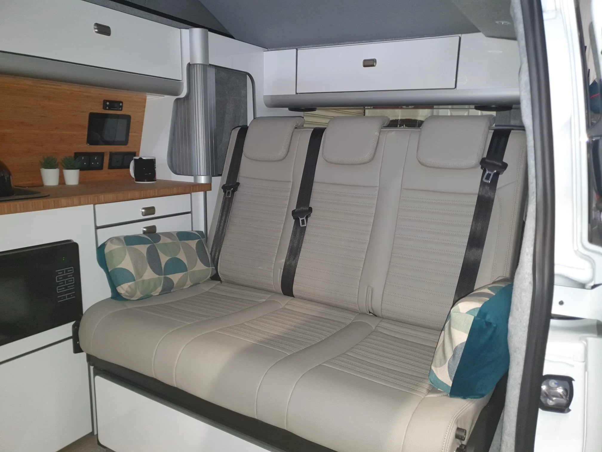 Interior of an airplane cabin showing beige leather seats, a wooden panel with two small potted plants, a small table, a digital device, and some electrical outlets.