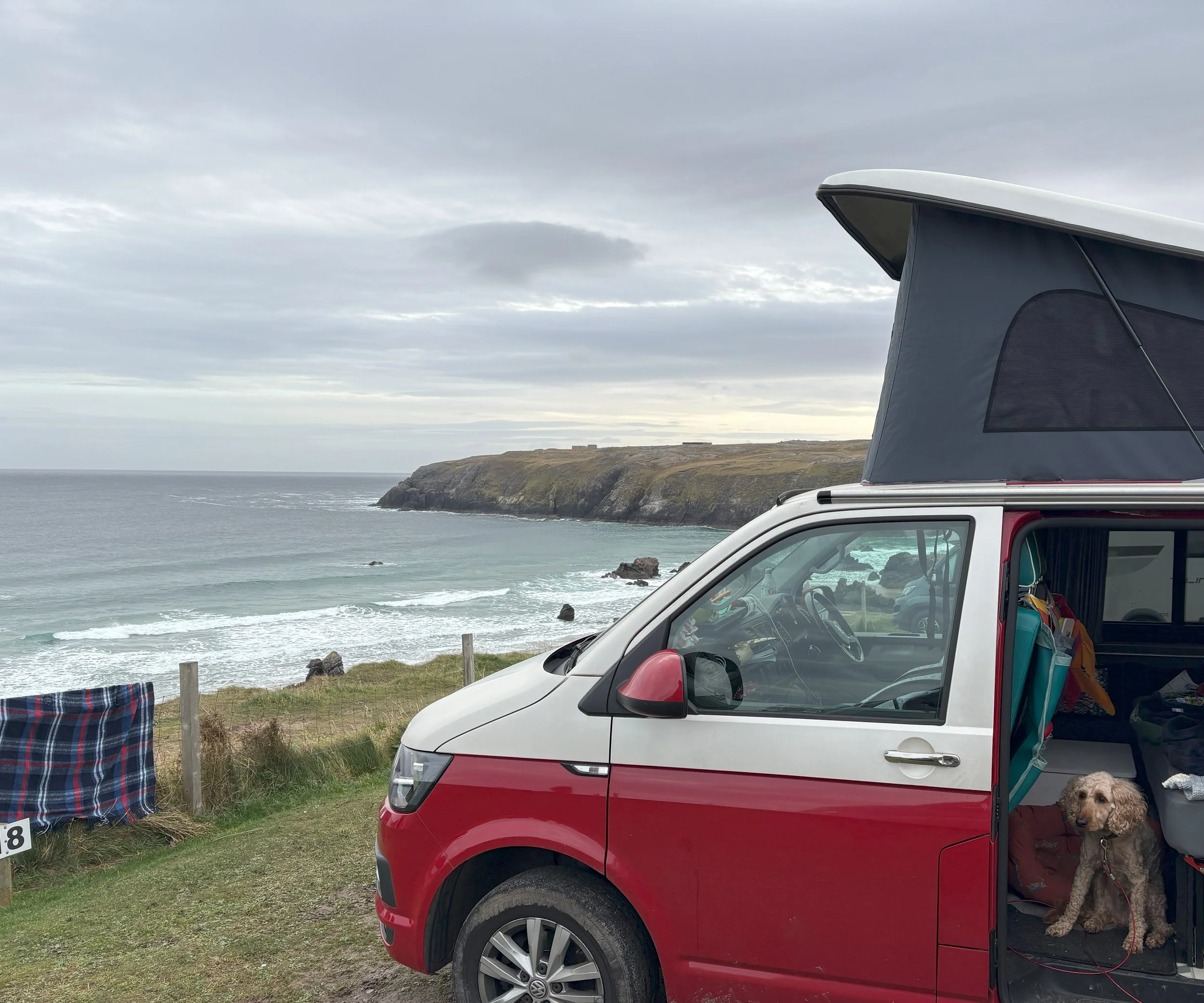 A red and white camper van parked by the ocean on a cloudy day, with a dog sitting inside. The camper has a pop-up roof and is set up for camping nearby a grassy area with a plaid blanket hung outside.