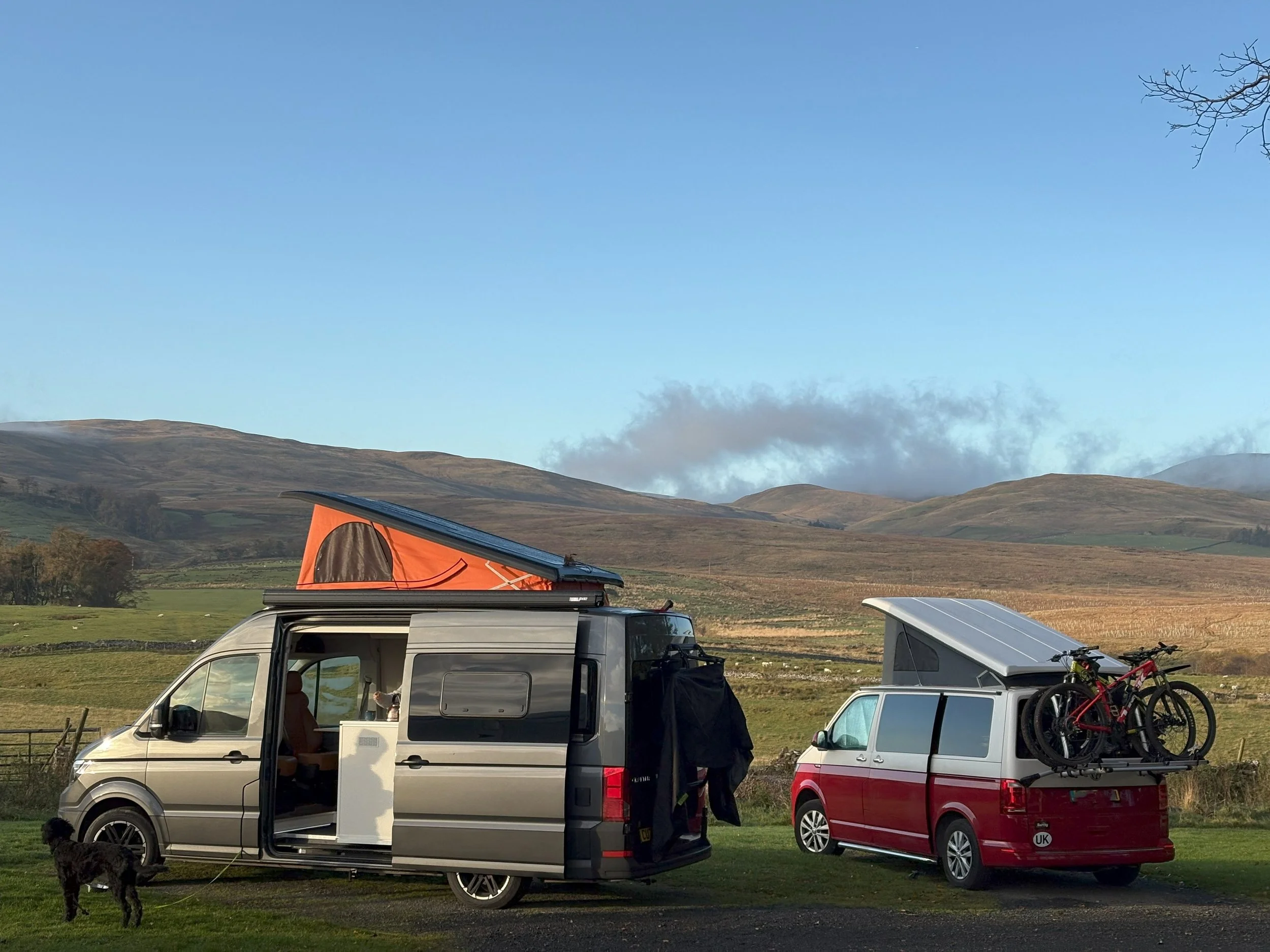 Two camper vans parked on a grassy field with a mountain range in the background. One camper van is beige with an open side door, and a person is sitting inside. The other camper van is white with solar panels on the roof and two bicycles mounted on the back. There is a black dog standing near the beige camper van.