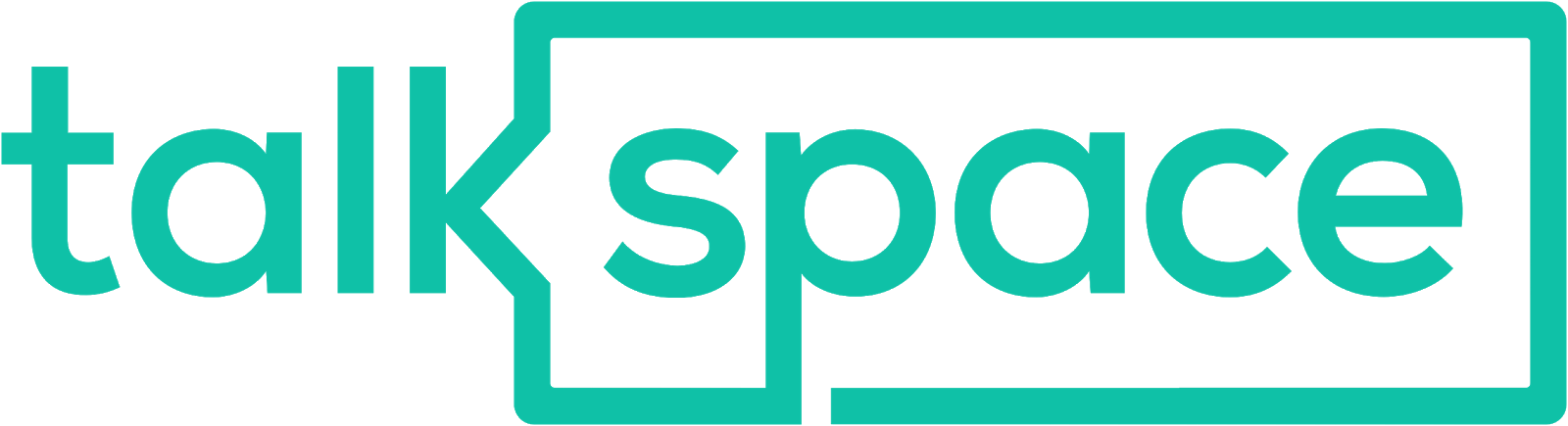 Logo for Talk Space showing the words "talk" and "space" inside and outside speech bubbles.