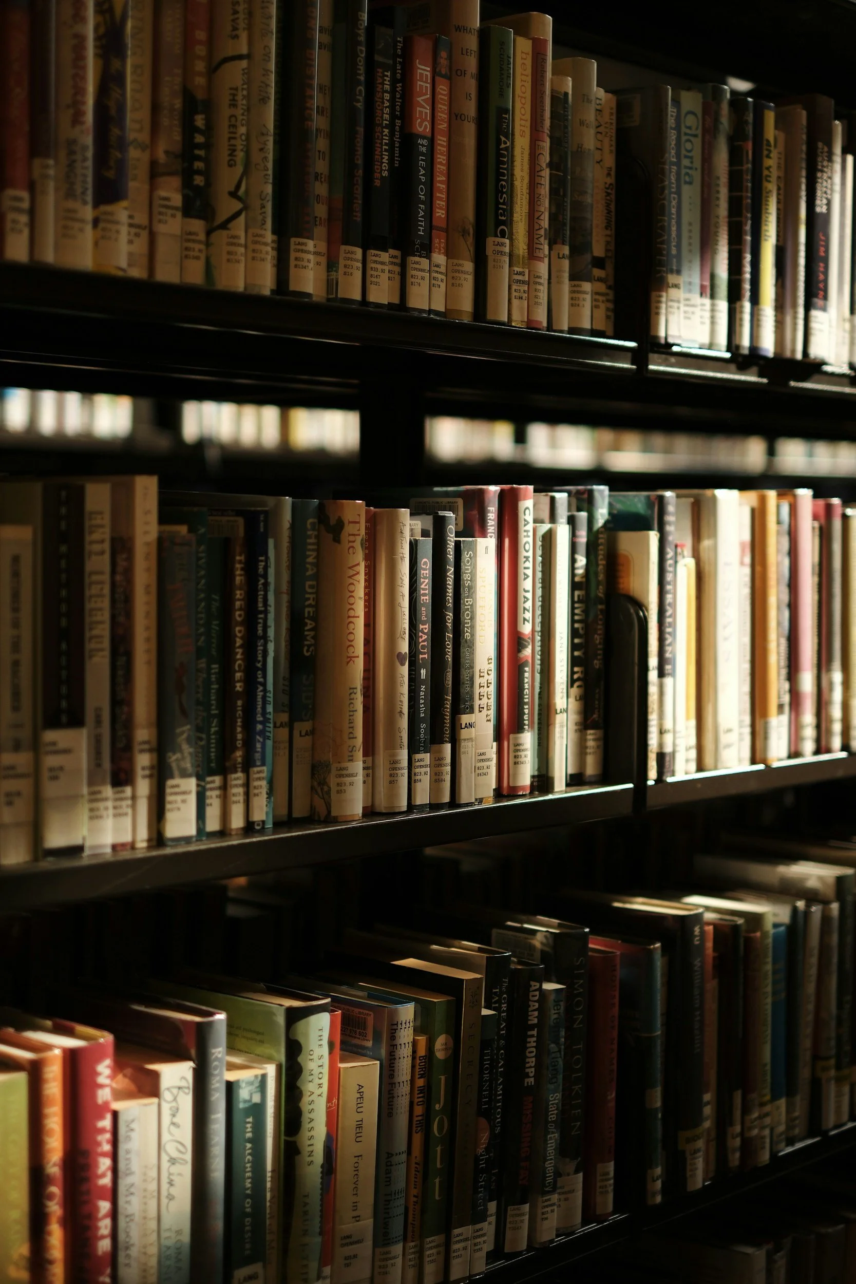 ow of wooden bookshelves filled with academic books in a university library, representing instructional design resources for CohnDriven learning architecture.