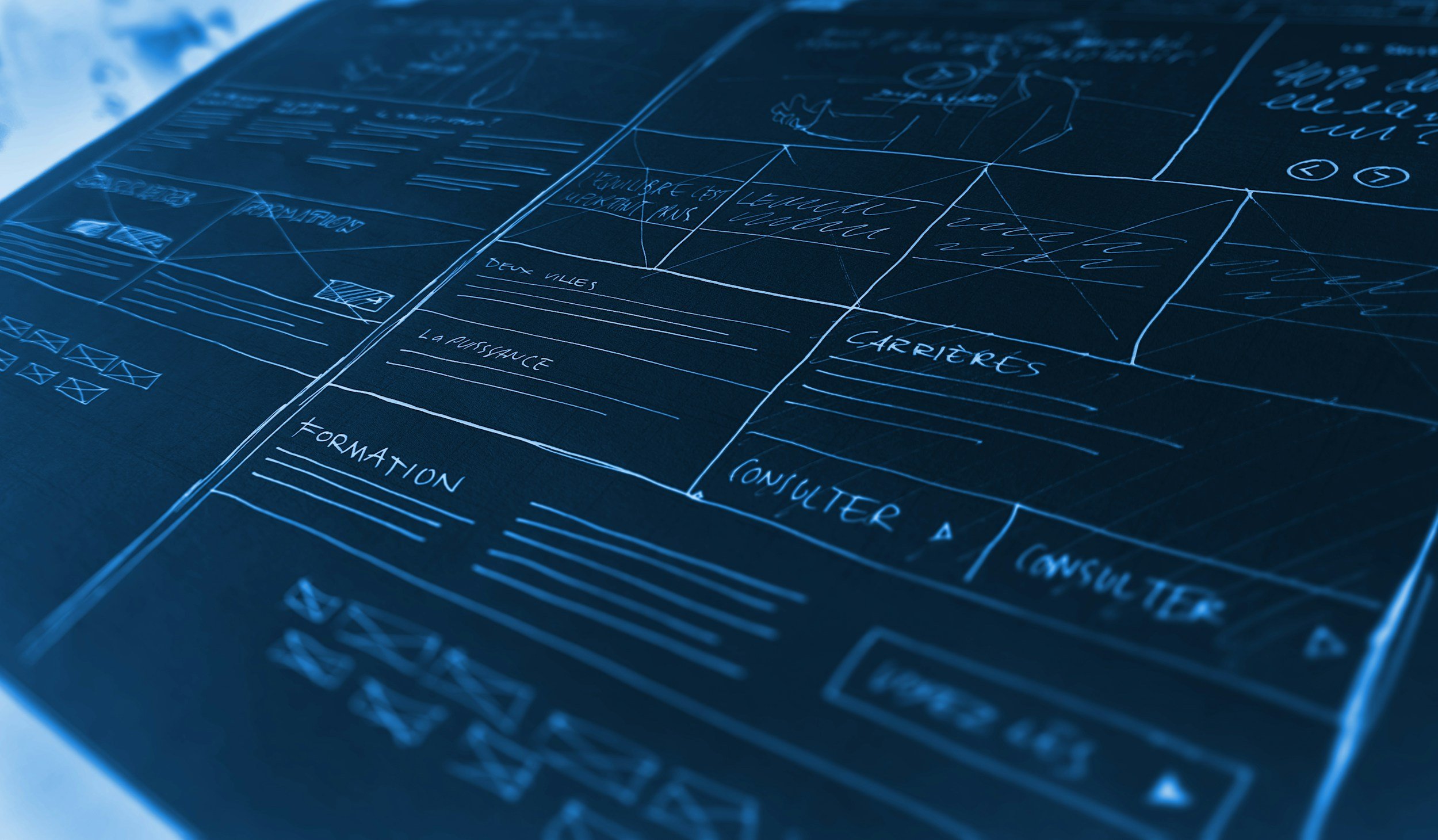 An abstract technical blueprint schematic displaying structured grid patterns and data flows, representing the CohnDriven Learning Architecture framework for career readiness and workforce skill integration.
