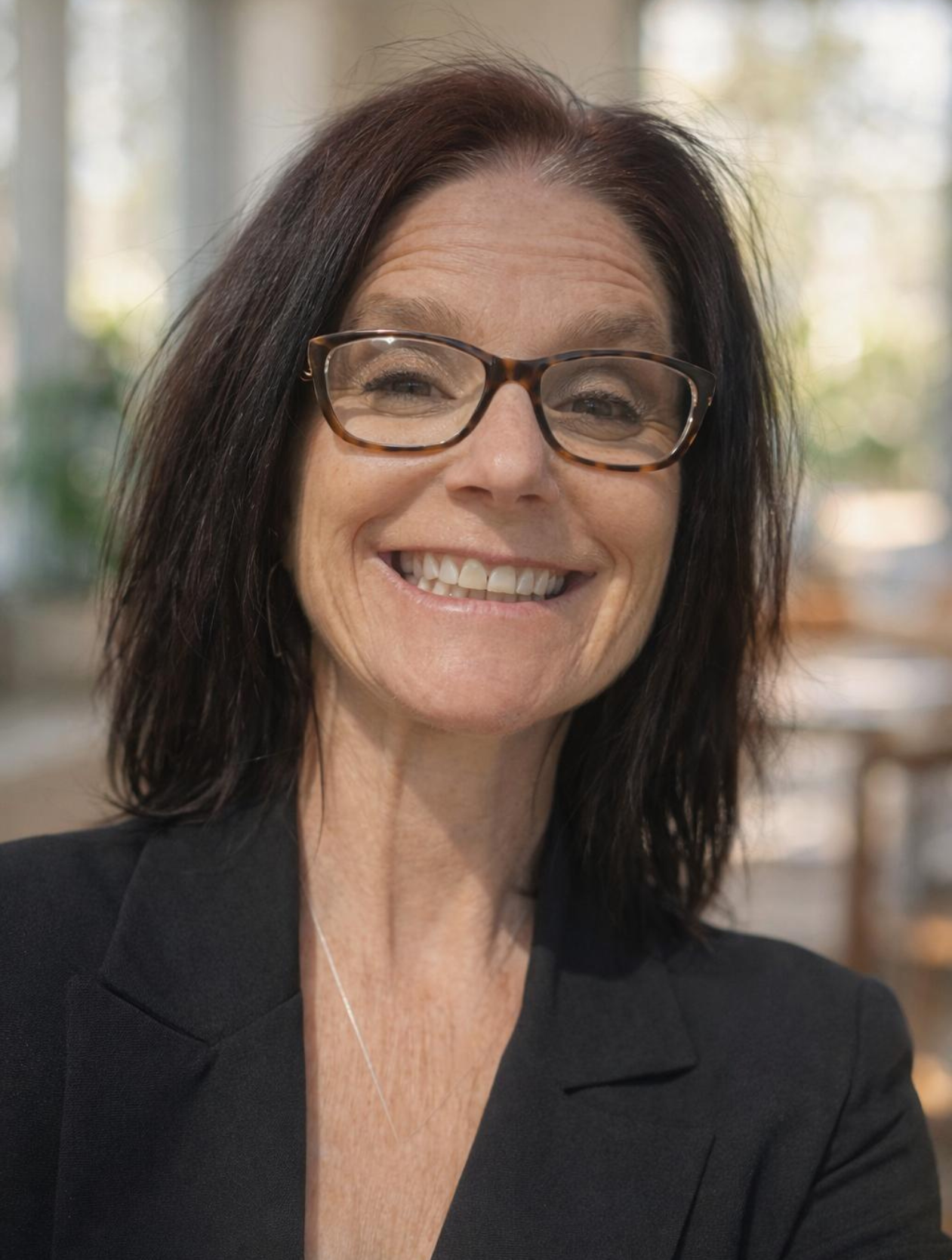 A smiling woman with dark brown hair, wearing glasses and a black blazer, in a bright indoor setting with natural light.