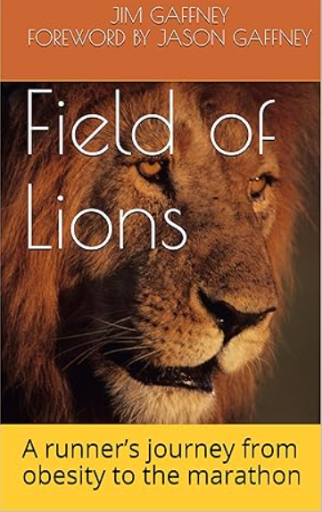 Book cover of 'Field of Lions' by Jim Gaffney, featuring a close-up of a lion's face with a warm orange and brown background