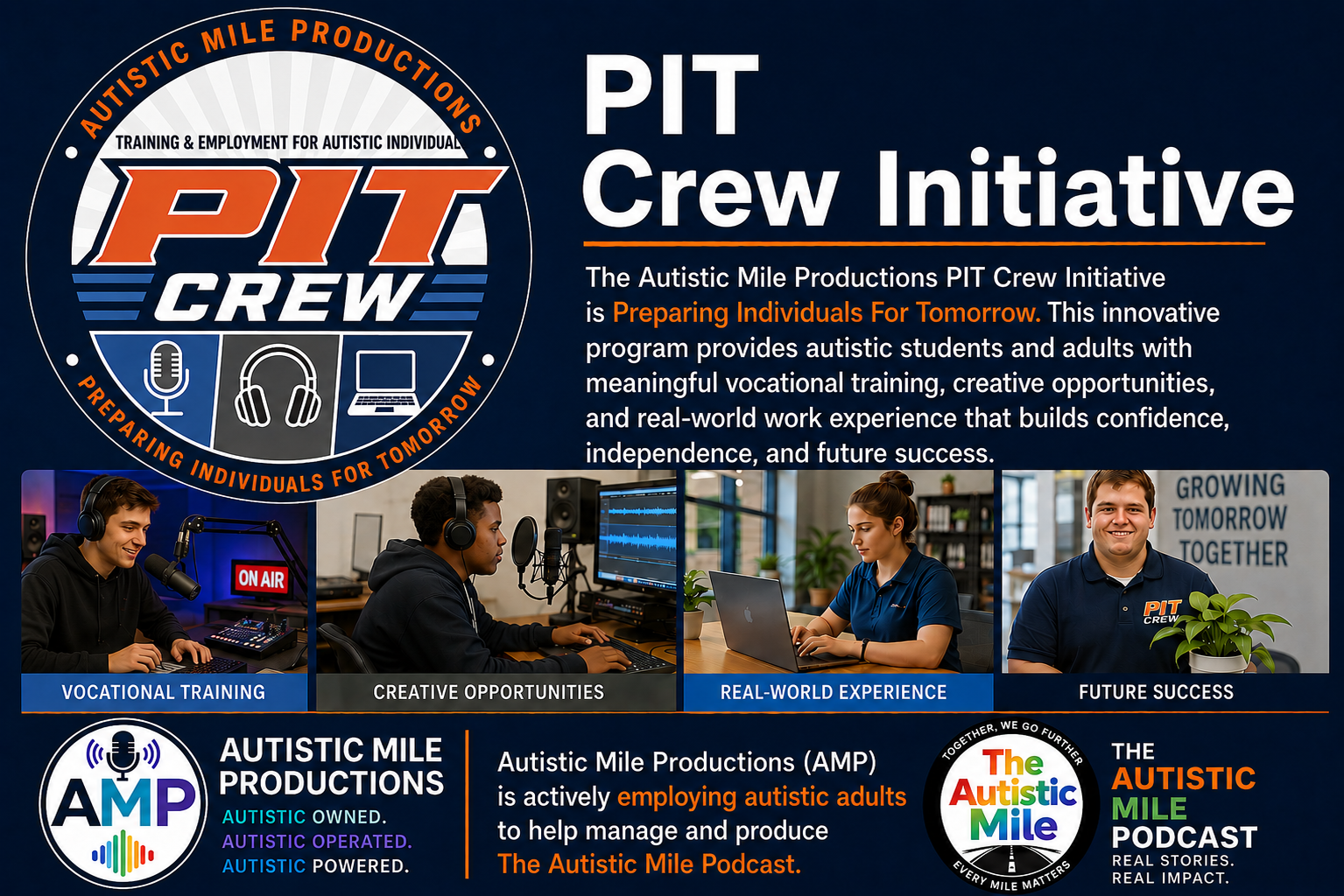 PIT Crew by Autistic Mile Productions provides vocational training, real-world media production experience, and meaningful employment opportunities that prepare autistic adults for successful careers in podcasting and digital media.