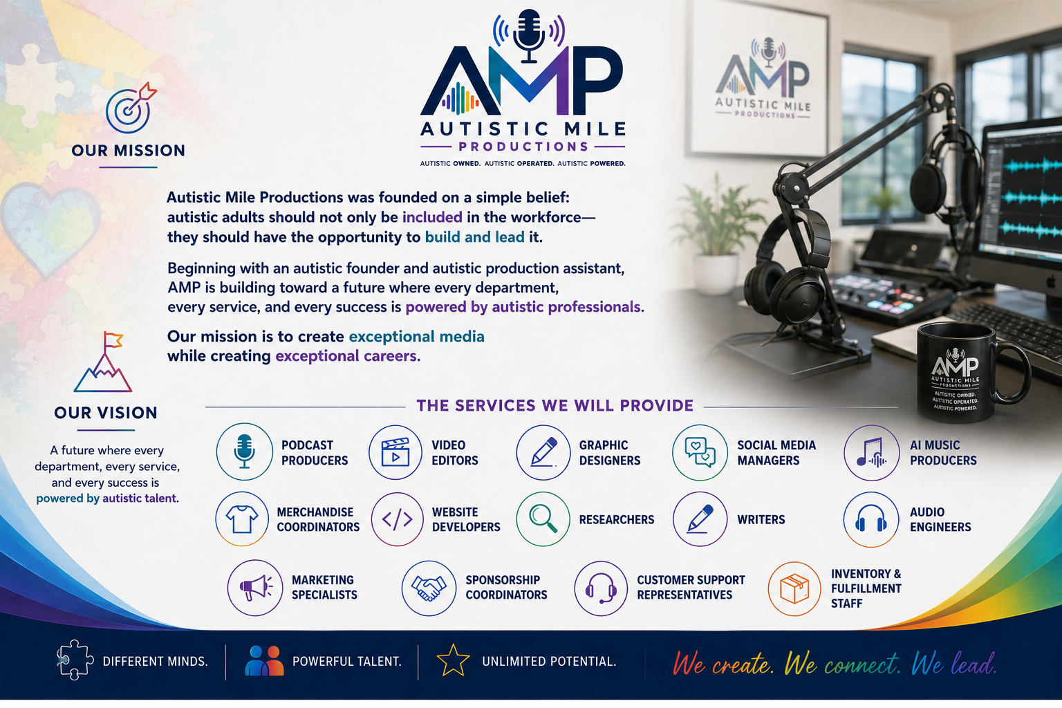 Autistic Mile Productions is an autism-led media company creating exceptional content while building meaningful careers for autistic adults. Founded by autistic professionals, AMP is growing toward a future powered by autistic talent.