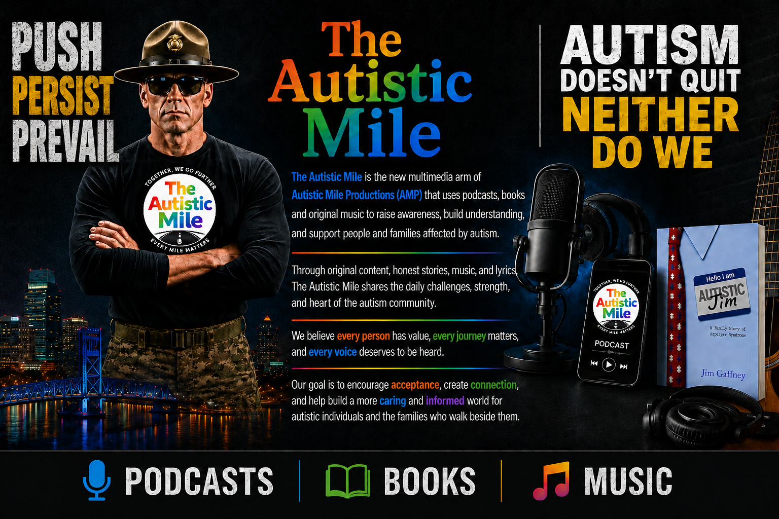 The Autistic Mile by Autistic Mile Productions features podcasts, books, and music by Jim Gaffney promoting autism advocacy, autistic adult employment, acceptance, awareness, inclusion, and inspiring stories for the autism community.