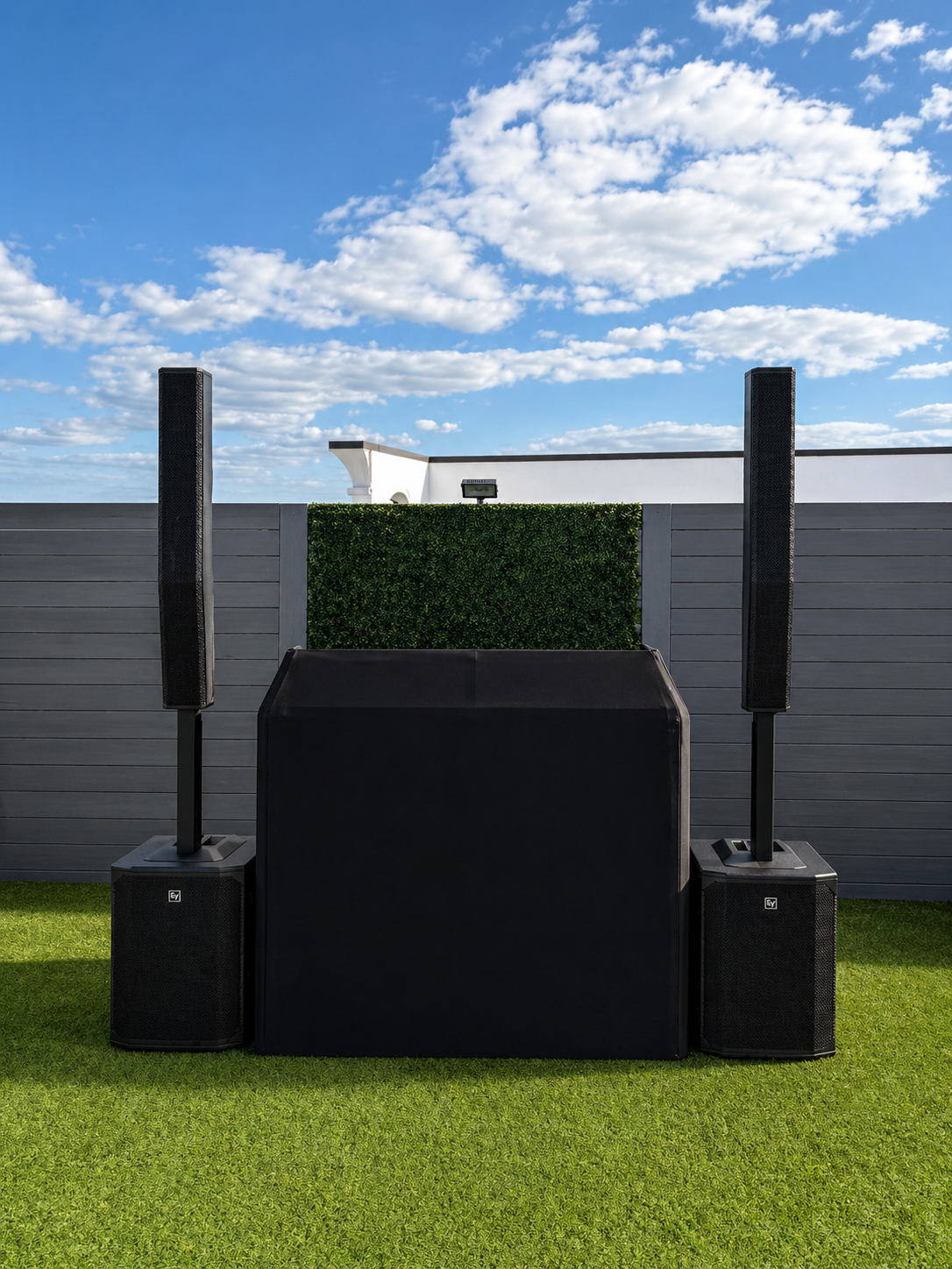 Rooftop wedding DJ, sound, and lighting setup at Hotel Zamora by Total Class Entertainment
