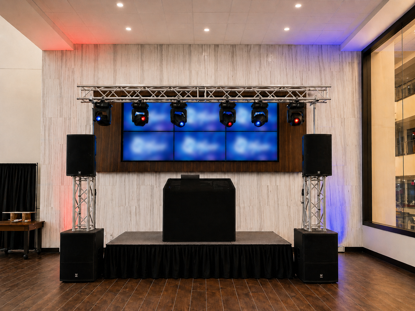 Corporate event DJ, sound, lighting, and truss setup at Raymond James Stadium by Total Class Entertainment