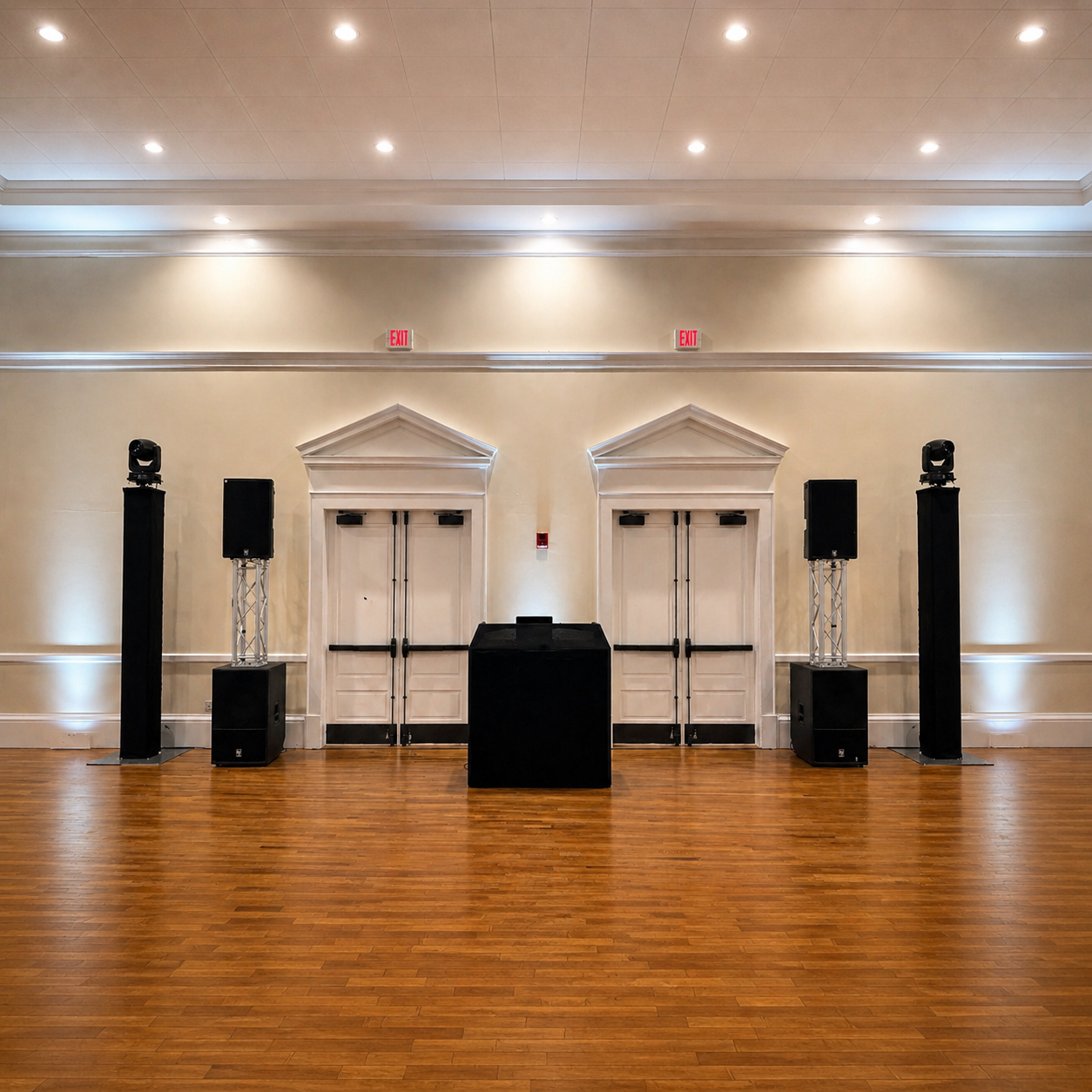 Wedding DJ, sound, moving head lighting, trussing, and scrim setup at The Regent in Riverview by Total Class Entertainment