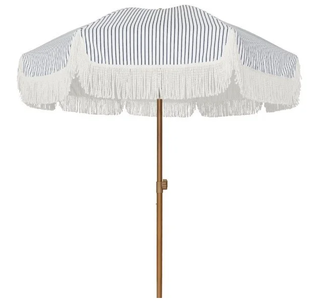 7' Outdoor Umbrella with Fringe Tassel and Stand - Blue and White Stripes