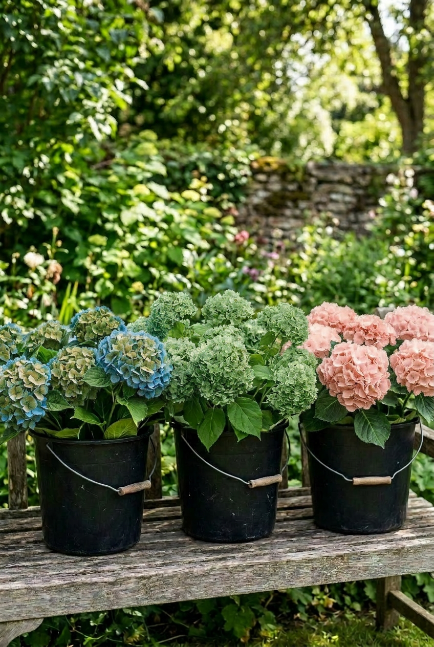 Large Antique Hydrangea Buckets (Live)