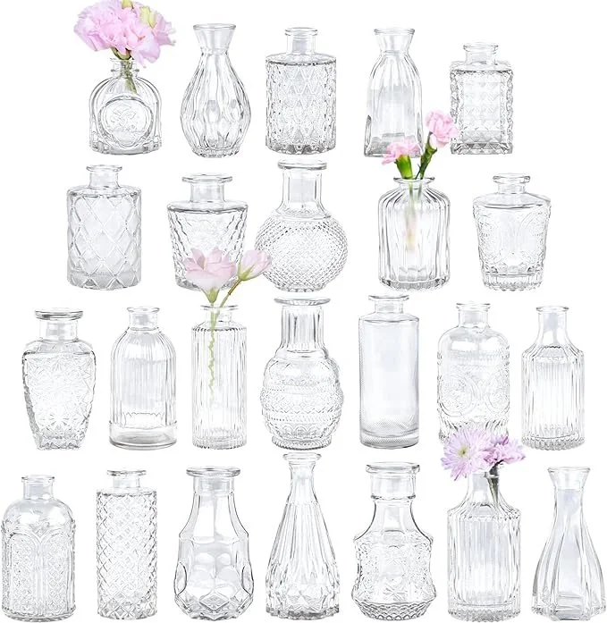 Vintage Style Glass Bud Vase Set of 24 - Clear